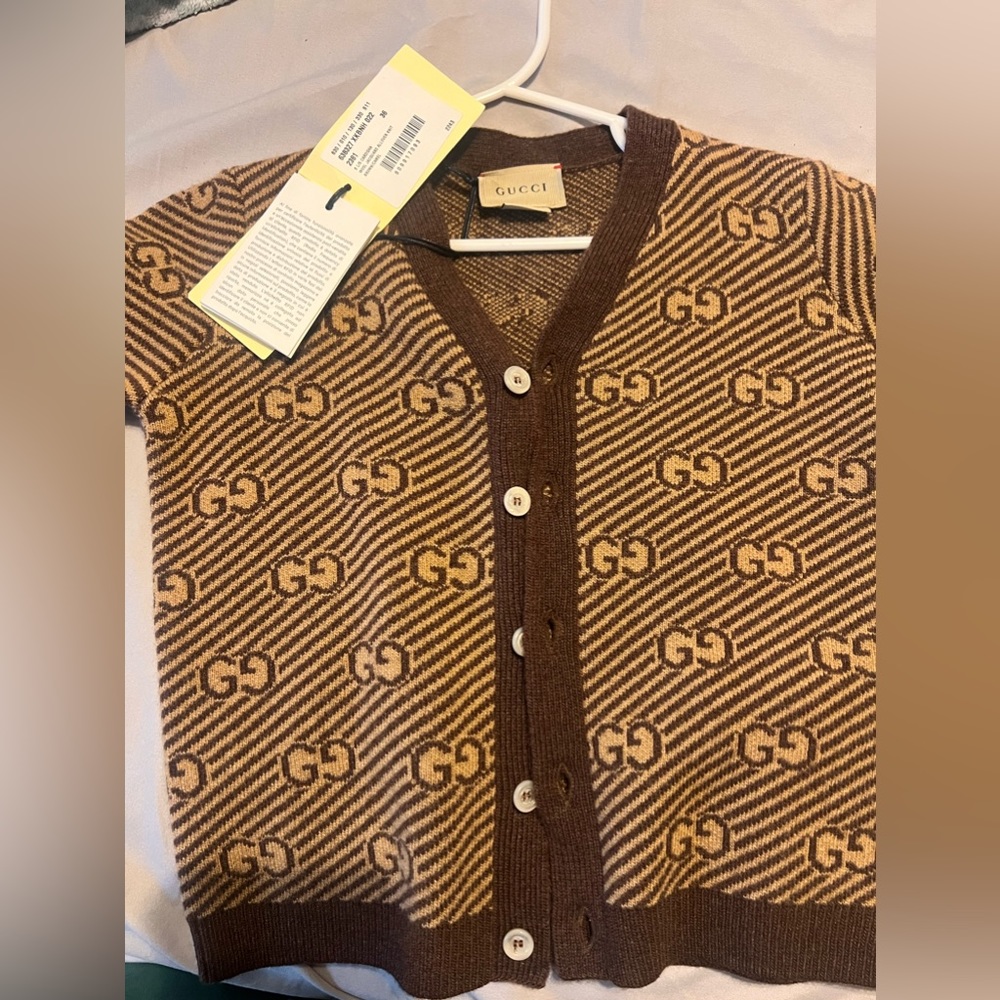 Authentic Gucci Monogram Cardigan, Size 36m, Color is Tan and Brown